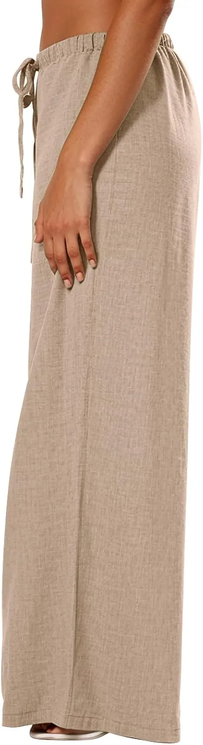 Linen Pants Women Summer Drawstring High Waisted Wide Leg Yoga Pants with Pockets Holiday Boho Beach Palazzo Pants