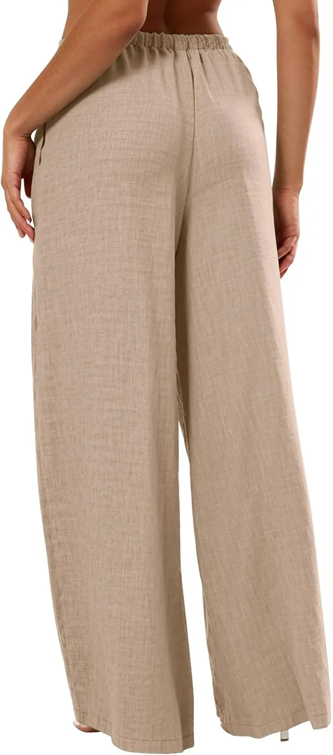 Linen Pants Women Summer Drawstring High Waisted Wide Leg Yoga Pants with Pockets Holiday Boho Beach Palazzo Pants
