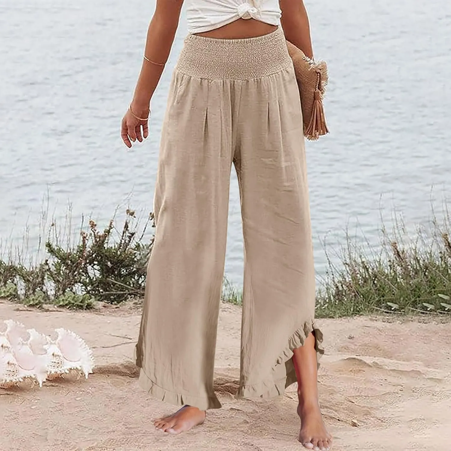 Linen Pants Women Summer Smocked High Waisted Wide Leg Palazzo Pants Casual Ruffle Flowy Beach Pants with Pockets