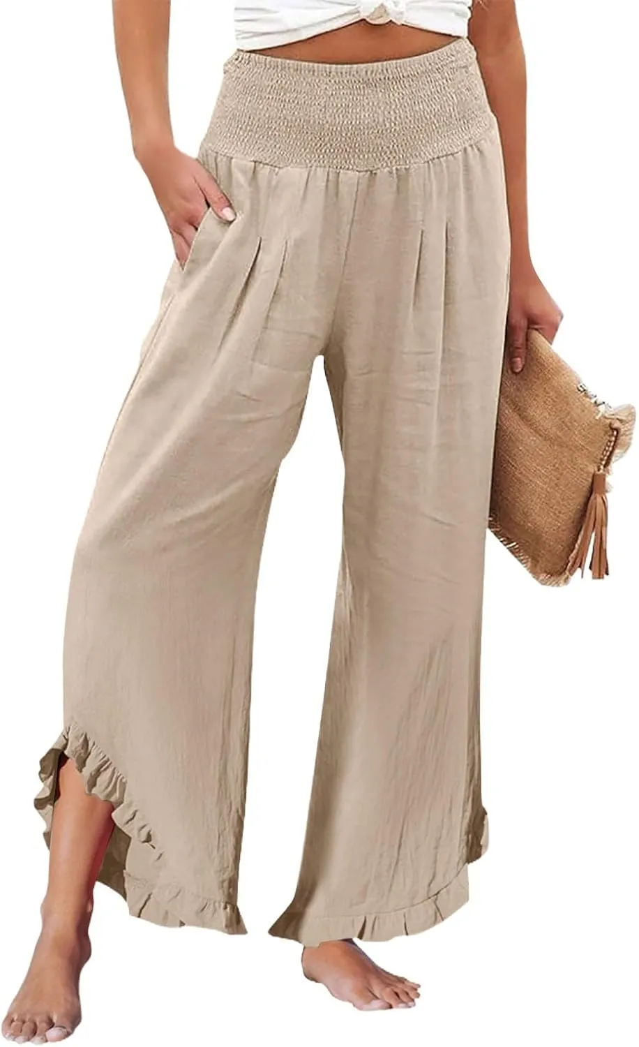 Linen Pants Women Summer Smocked High Waisted Wide Leg Palazzo Pants Casual Ruffle Flowy Beach Pants with Pockets