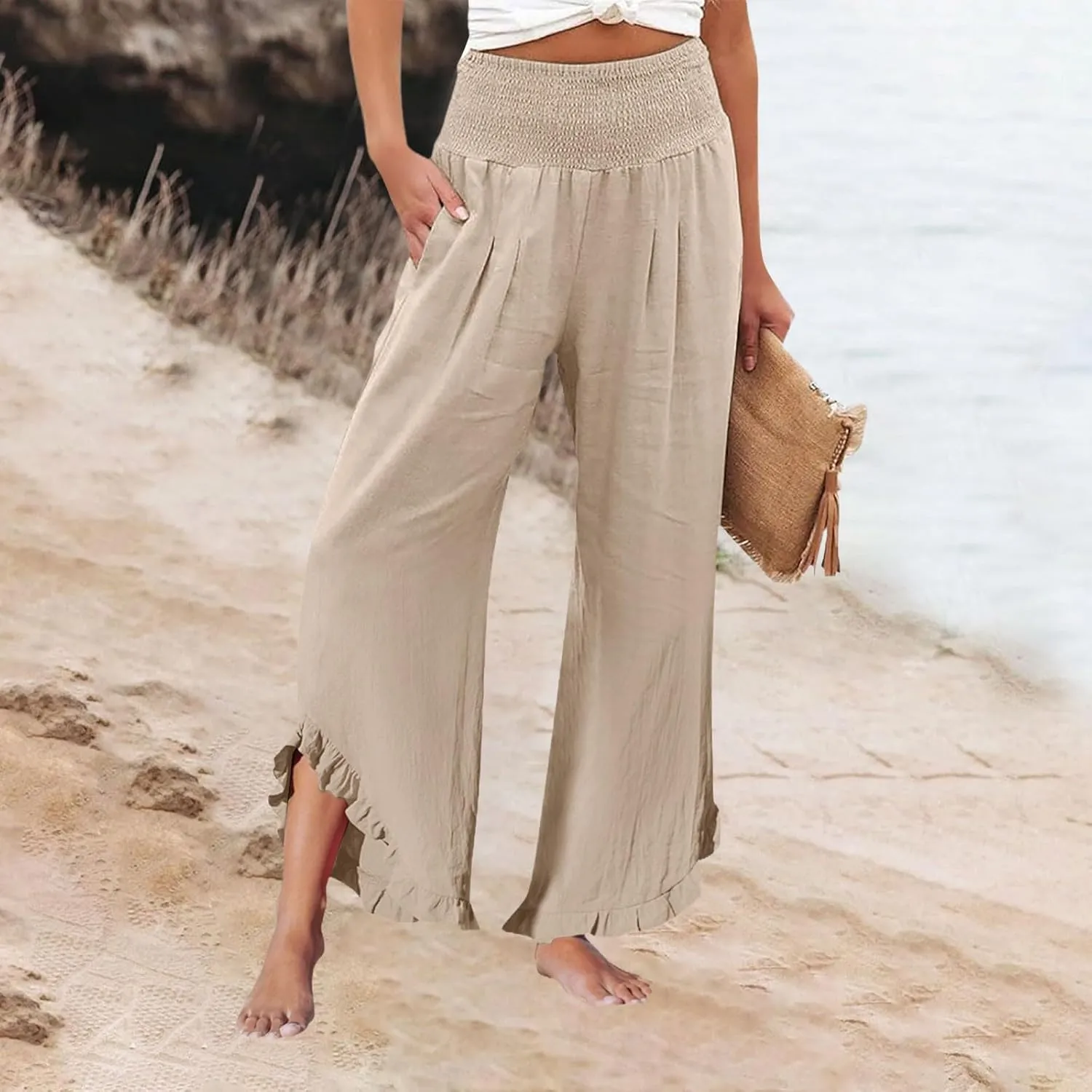 Linen Pants Women Summer Smocked High Waisted Wide Leg Palazzo Pants Casual Ruffle Flowy Beach Pants with Pockets