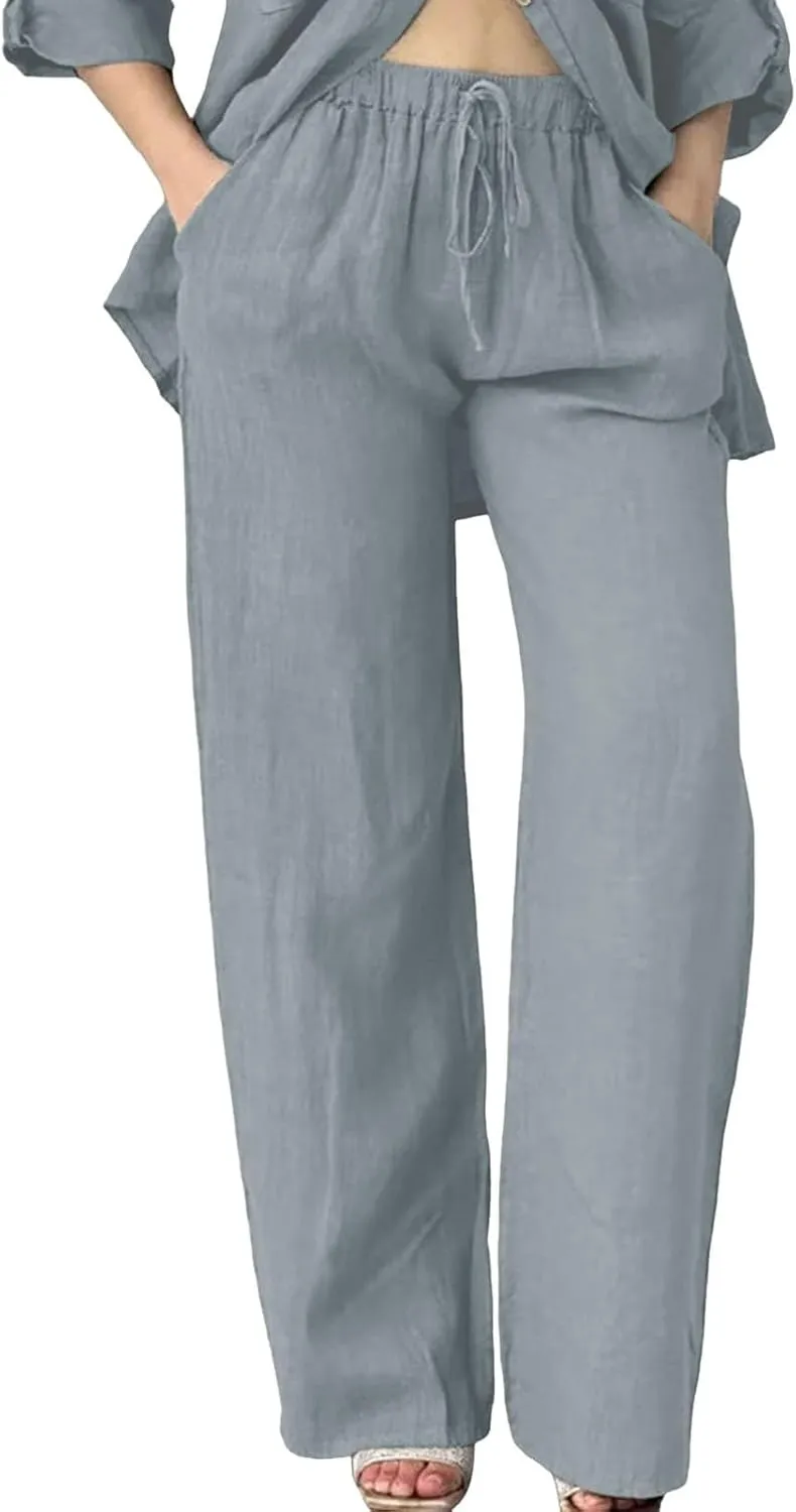 Linen Pants Women Summer Straight Leg Drawstring Elastic Waist High Waisted Wide Leg Pants Lounge Beach Trousers