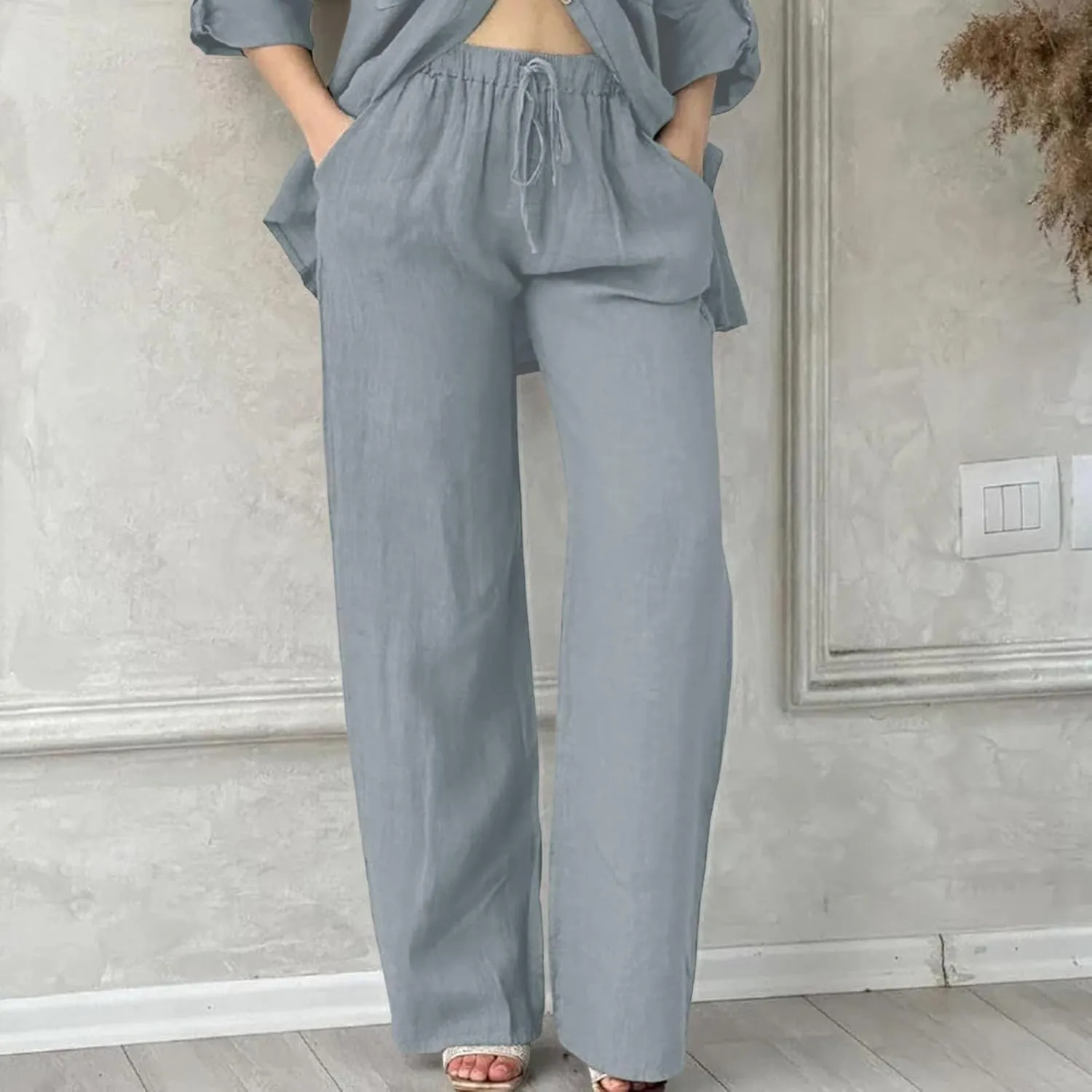 Linen Pants Women Summer Straight Leg Drawstring Elastic Waist High Waisted Wide Leg Pants Lounge Beach Trousers