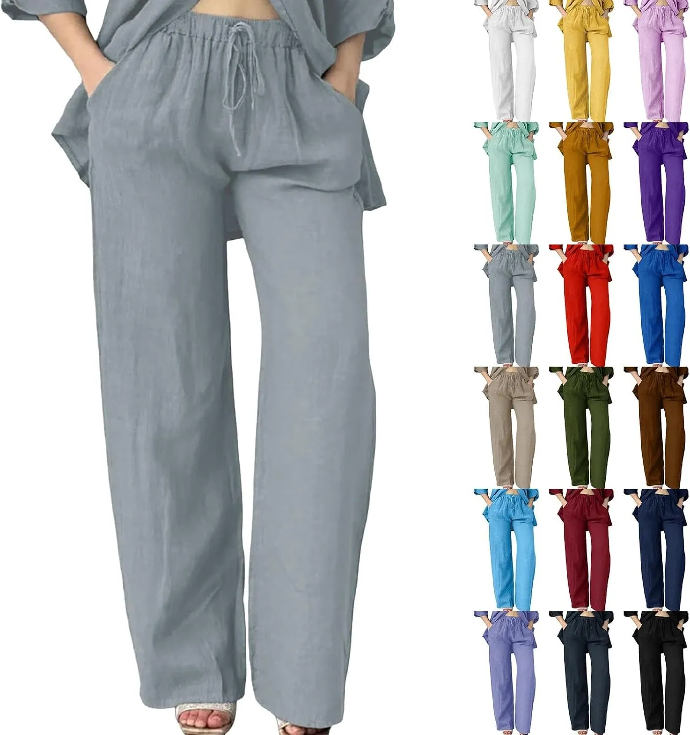 Linen Pants Women Summer Straight Leg Drawstring Elastic Waist High Waisted Wide Leg Pants Lounge Beach Trousers
