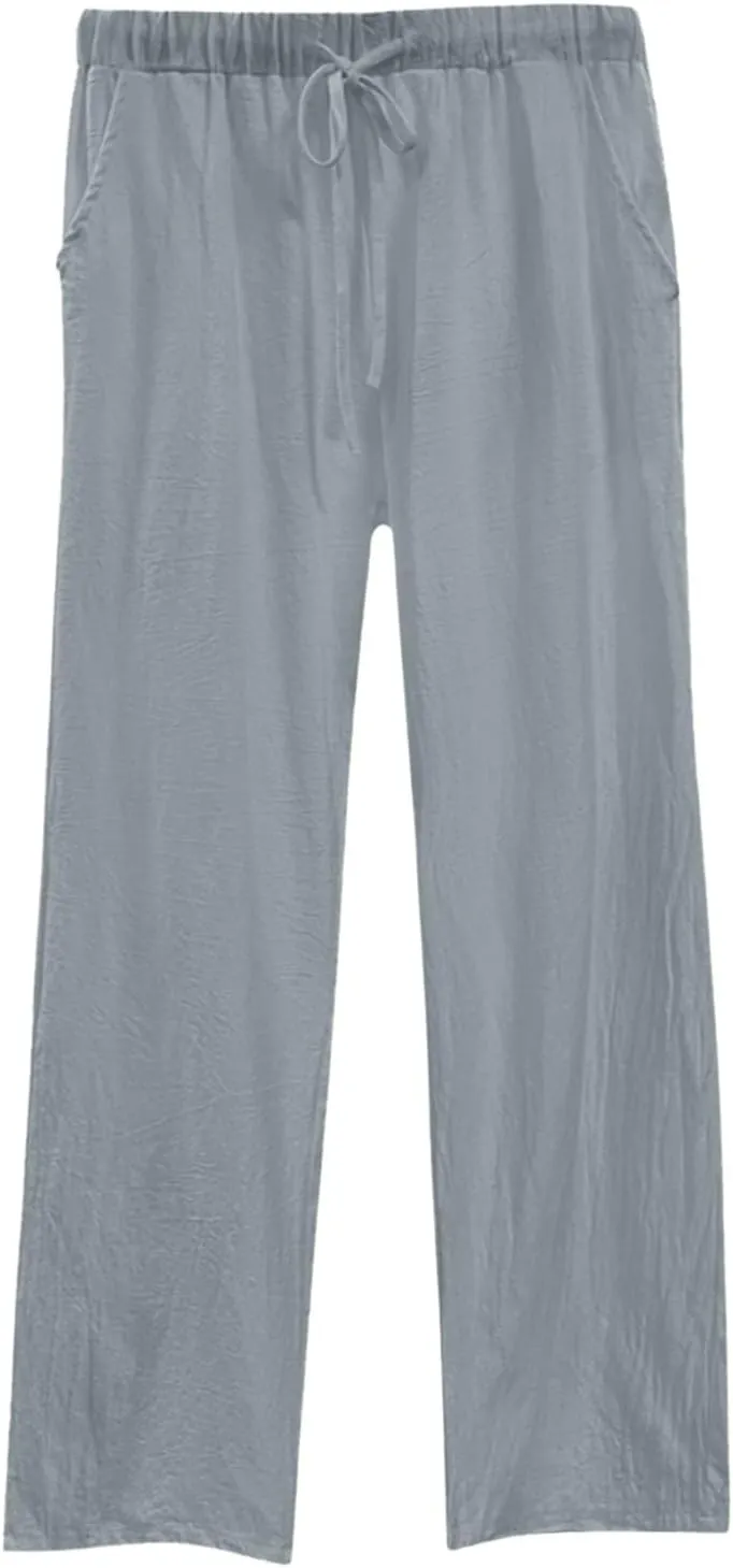 Linen Pants Women Summer Straight Leg Drawstring Elastic Waist High Waisted Wide Leg Pants Lounge Beach Trousers