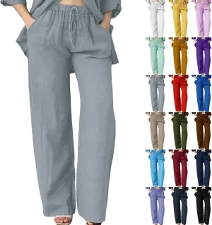 Linen Pants Women Summer Straight Leg Drawstring Elastic Waist High Waisted Wide Leg Pants Lounge Beach Trousers