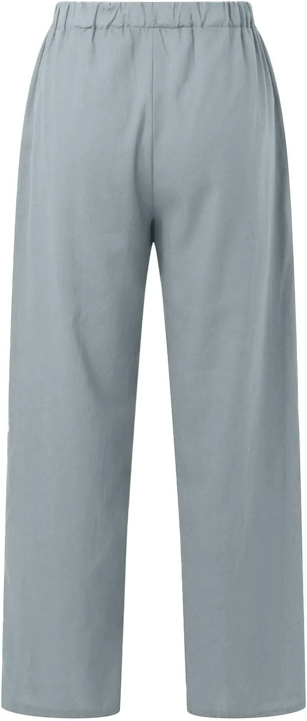 Linen Pants Women Summer Straight Leg Drawstring Elastic Waist High Waisted Wide Leg Pants Lounge Beach Trousers