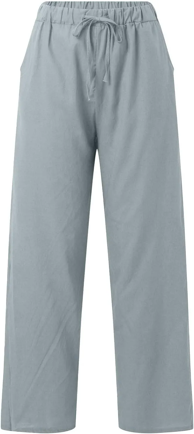 Linen Pants Women Summer Straight Leg Drawstring Elastic Waist High Waisted Wide Leg Pants Lounge Beach Trousers