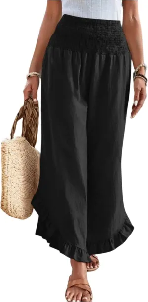 Linen Pants Women Summer Wide Leg Smocked Waist Ruffle Hem Palazzo Pants Boho Flowy Beach Vacation Pant with Pockets