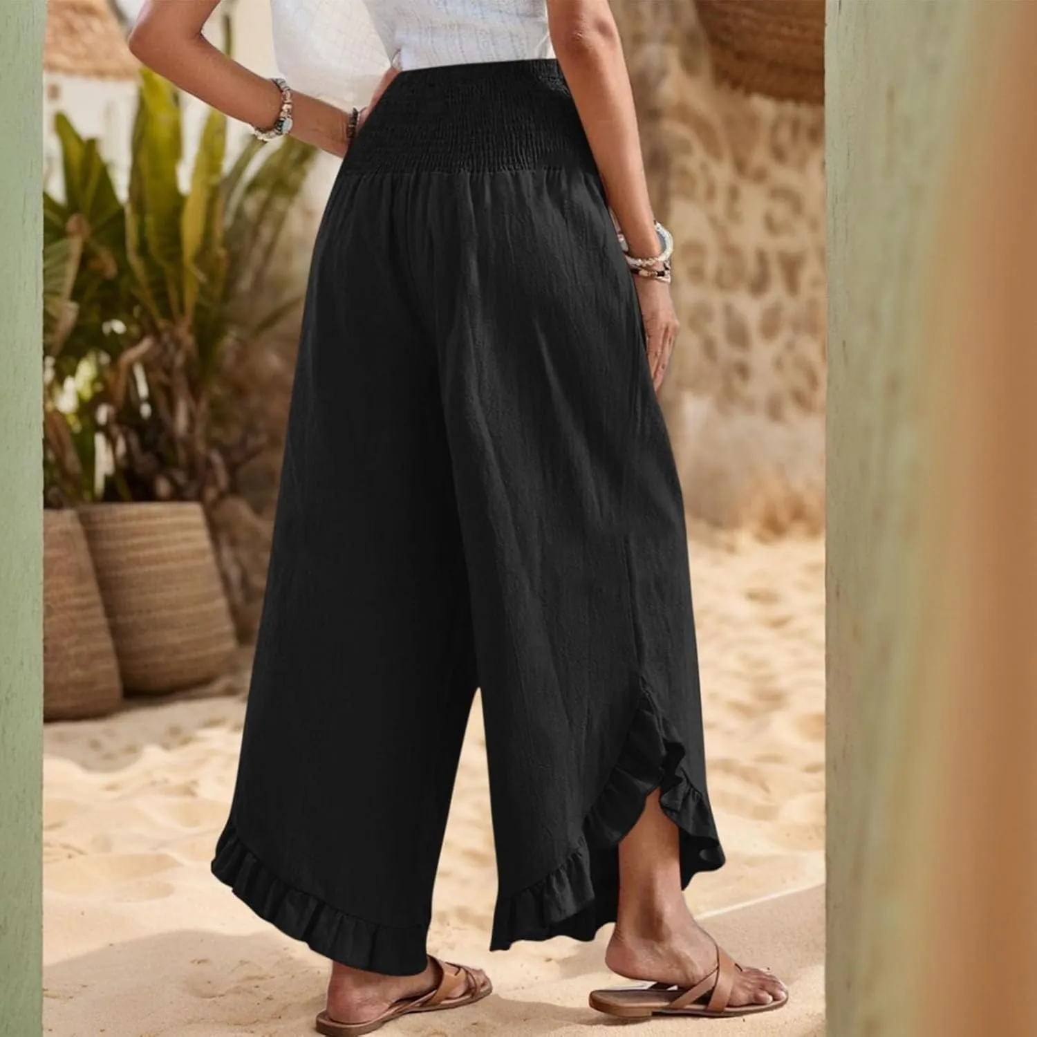 Linen Pants Women Summer Wide Leg Smocked Waist Ruffle Hem Palazzo Pants Boho Flowy Beach Vacation Pant with Pockets