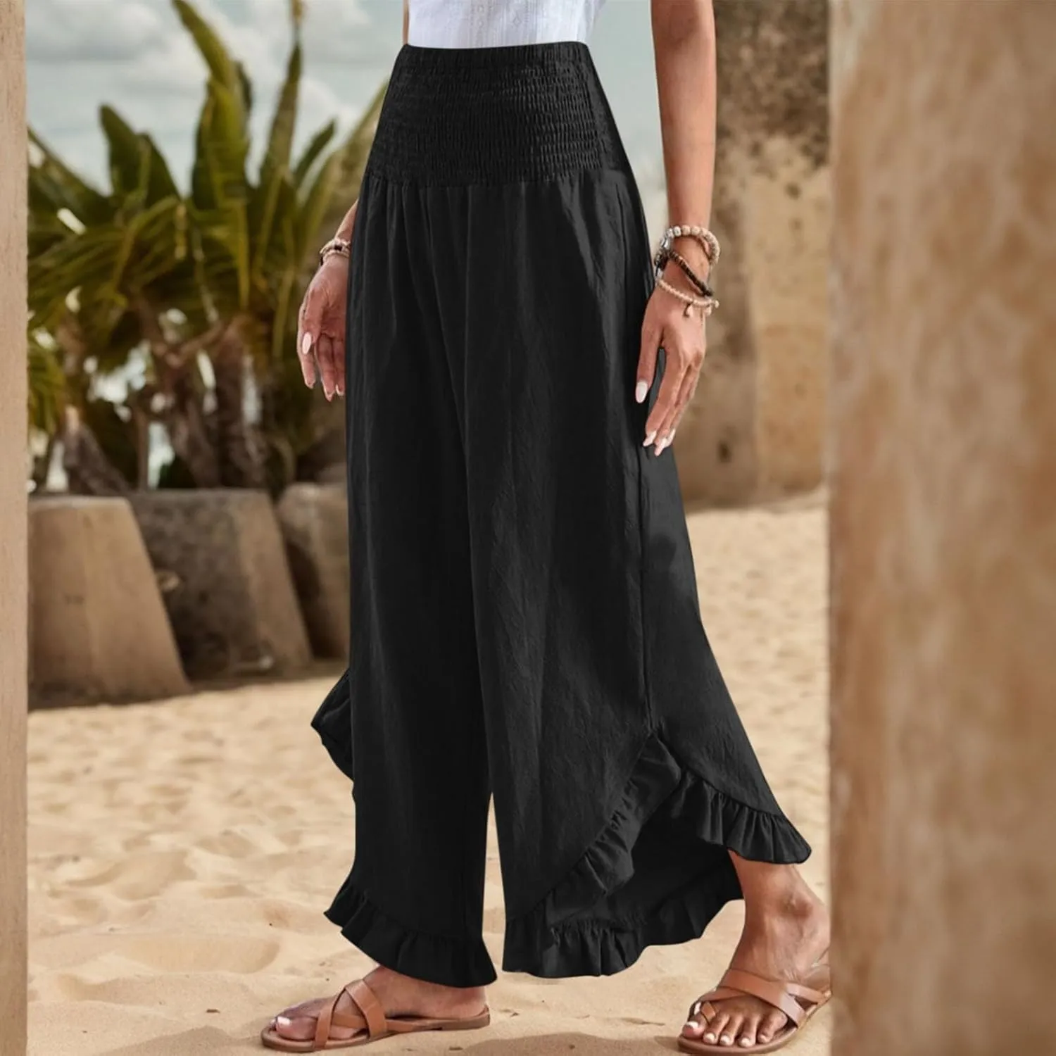 Linen Pants Women Summer Wide Leg Smocked Waist Ruffle Hem Palazzo Pants Boho Flowy Beach Vacation Pant with Pockets