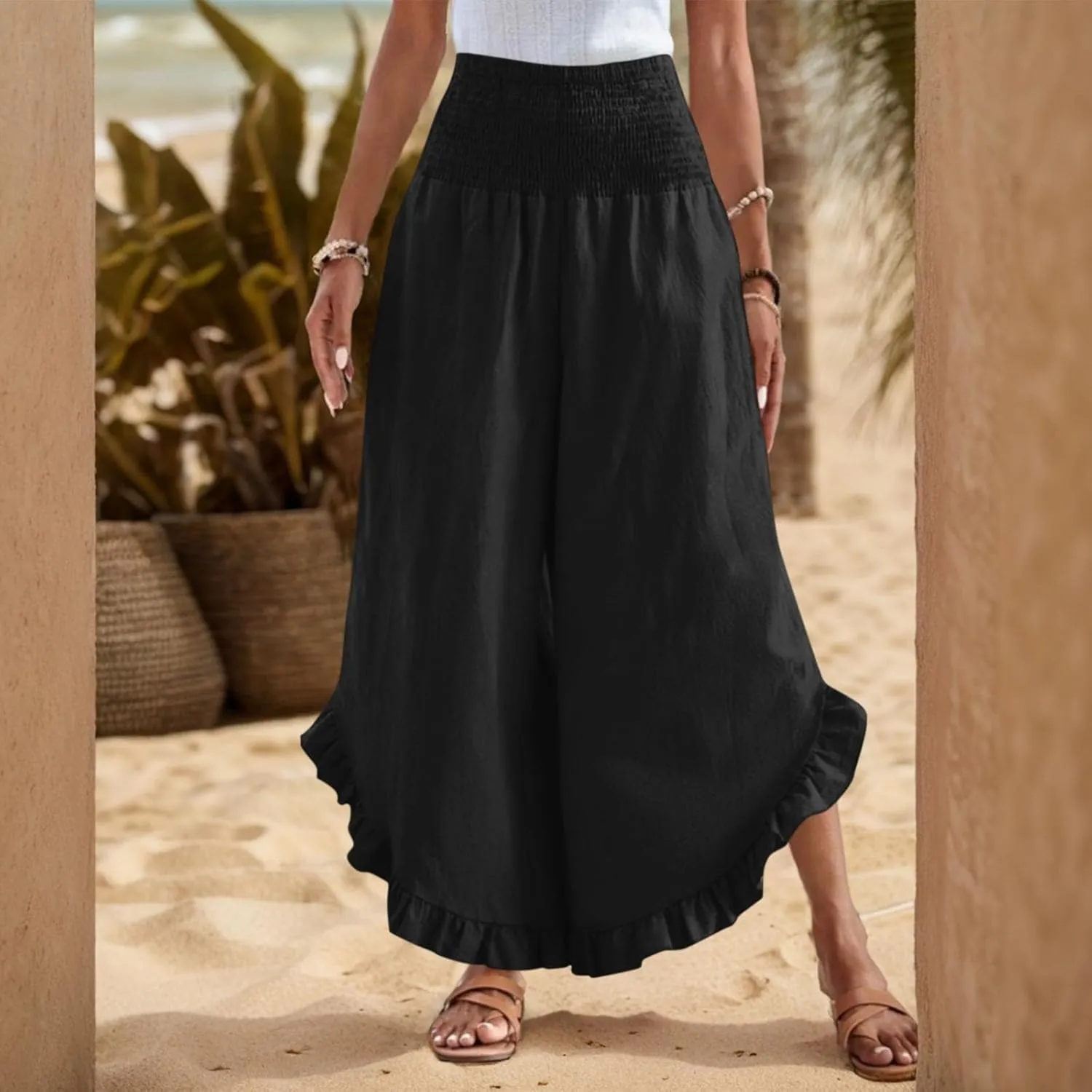 Linen Pants Women Summer Wide Leg Smocked Waist Ruffle Hem Palazzo Pants Boho Flowy Beach Vacation Pant with Pockets
