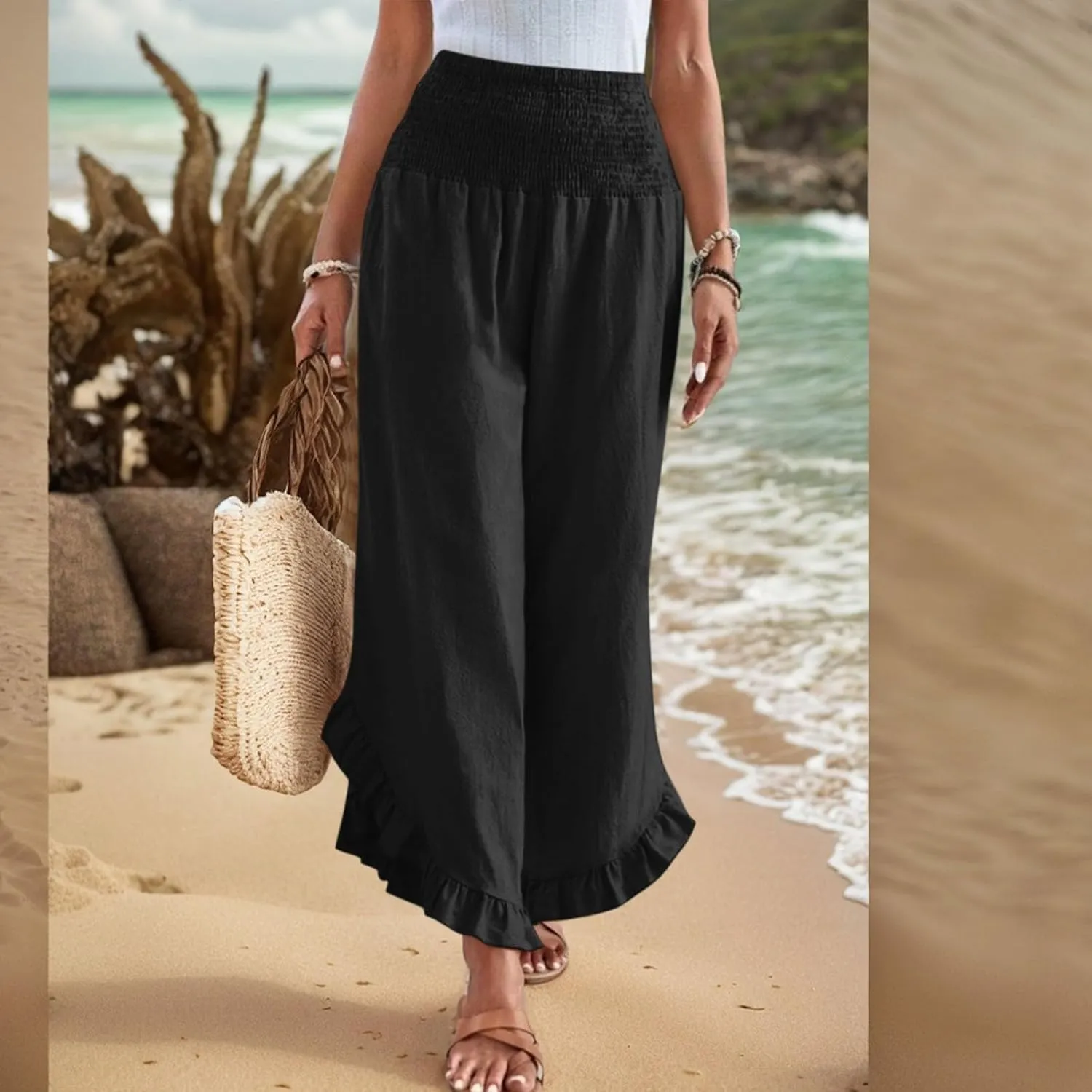Linen Pants Women Summer Wide Leg Smocked Waist Ruffle Hem Palazzo Pants Boho Flowy Beach Vacation Pant with Pockets