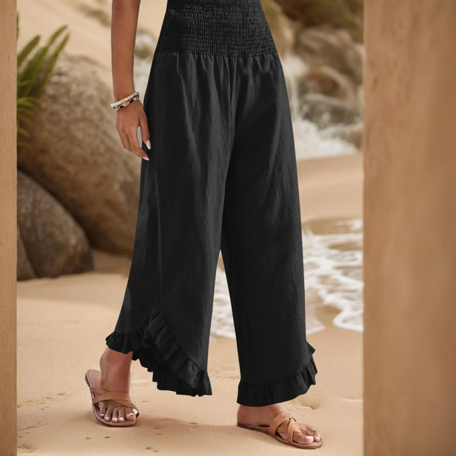 Linen Pants Women Summer Wide Leg Smocked Waist Ruffle Hem Palazzo Pants Boho Flowy Beach Vacation Pant with Pockets