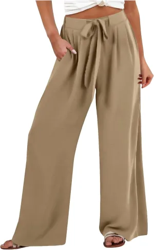 Linen Pants Women Wide Leg High Waisted Palazzo Pant Casual Business Flowy Summer Beach Vacation Trousers with Pocket