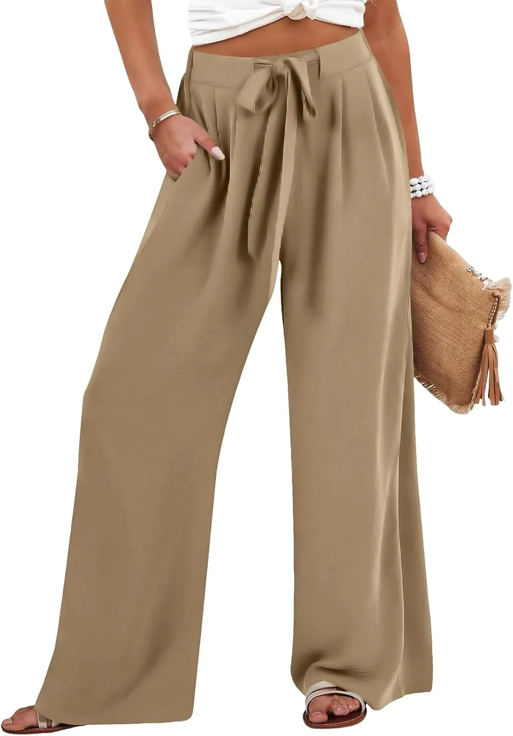 Linen Pants Women Wide Leg High Waisted Palazzo Pant Casual Business Flowy Summer Beach Vacation Trousers with Pocket