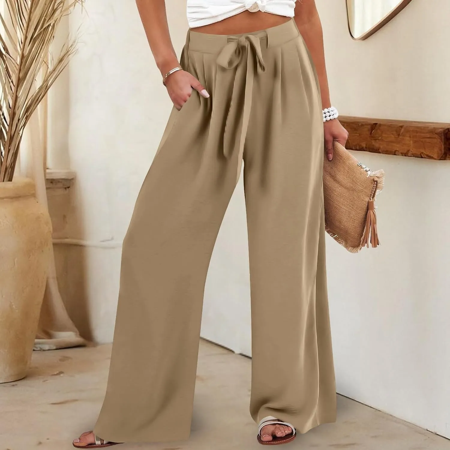 Linen Pants Women Wide Leg High Waisted Palazzo Pant Casual Business Flowy Summer Beach Vacation Trousers with Pocket