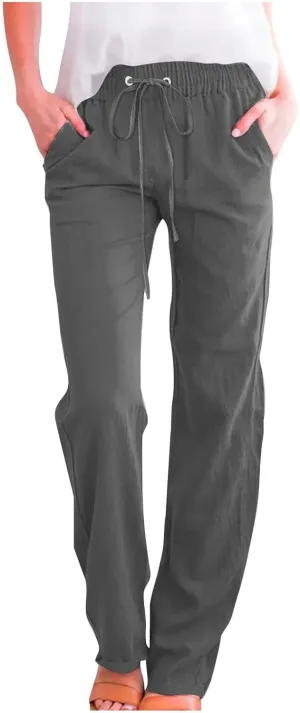 Linen Pants Womens Cotton Linen Straight Leg Lightweight Pant Summer Trouser Plus Size Women Loose Fit Slacks Trousers