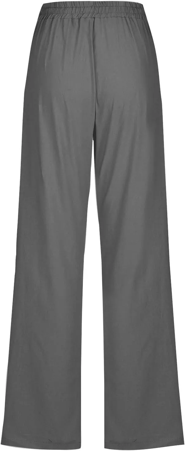 Linen Pants Womens Cotton Linen Straight Leg Lightweight Pant Summer Trouser Plus Size Women Loose Fit Slacks Trousers