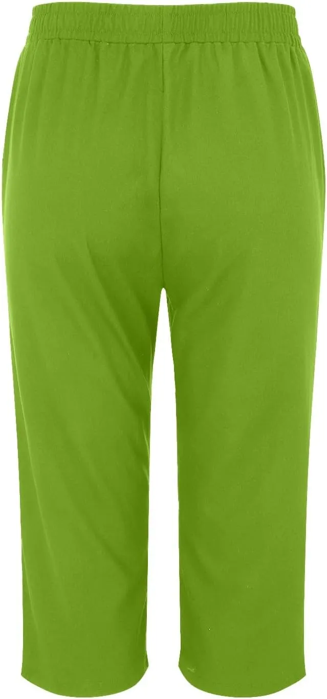 Linen Pants Women,Summer Capri Casual Drawstring Elastic Waist,Straight Wide Leg Pants Cotton Trousers with Pocket