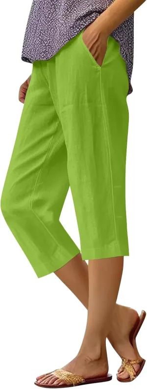 Linen Pants Women,Summer Capri Casual Drawstring Elastic Waist,Straight Wide Leg Pants Cotton Trousers with Pocket