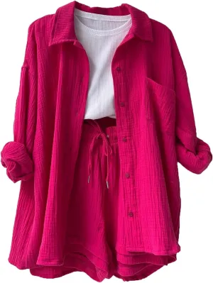 Linen Shorts Set for Women Long Sleeve Button Down Shirt and Shorts Tracksuit Lounge Set Plus Size Maternity Clothes