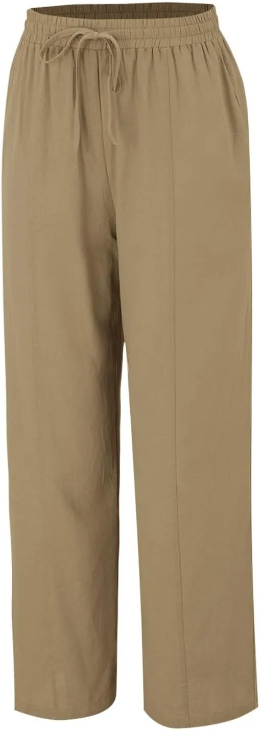 Linen Summer Pants Women Trouser Pant Cotton Blend Drawstring Elastic Waist Pocket Long Linen Pants Women Straight Leg