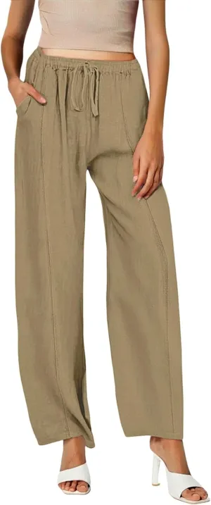 Linen Summer Pants Women Trouser Pant Cotton Blend Drawstring Elastic Waist Pocket Long Linen Pants Women Straight Leg