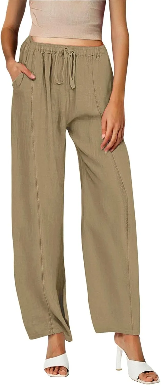 Linen Summer Pants Women Trouser Pant Cotton Blend Drawstring Elastic Waist Pocket Long Linen Pants Women Straight Leg