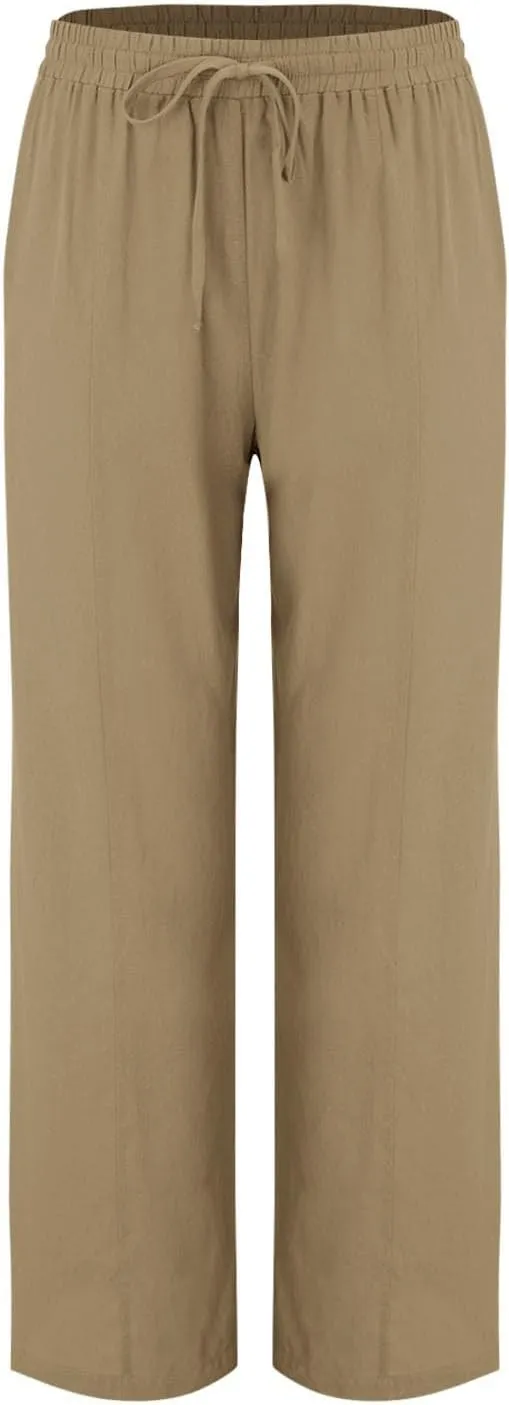 Linen Summer Pants Women Trouser Pant Cotton Blend Drawstring Elastic Waist Pocket Long Linen Pants Women Straight Leg