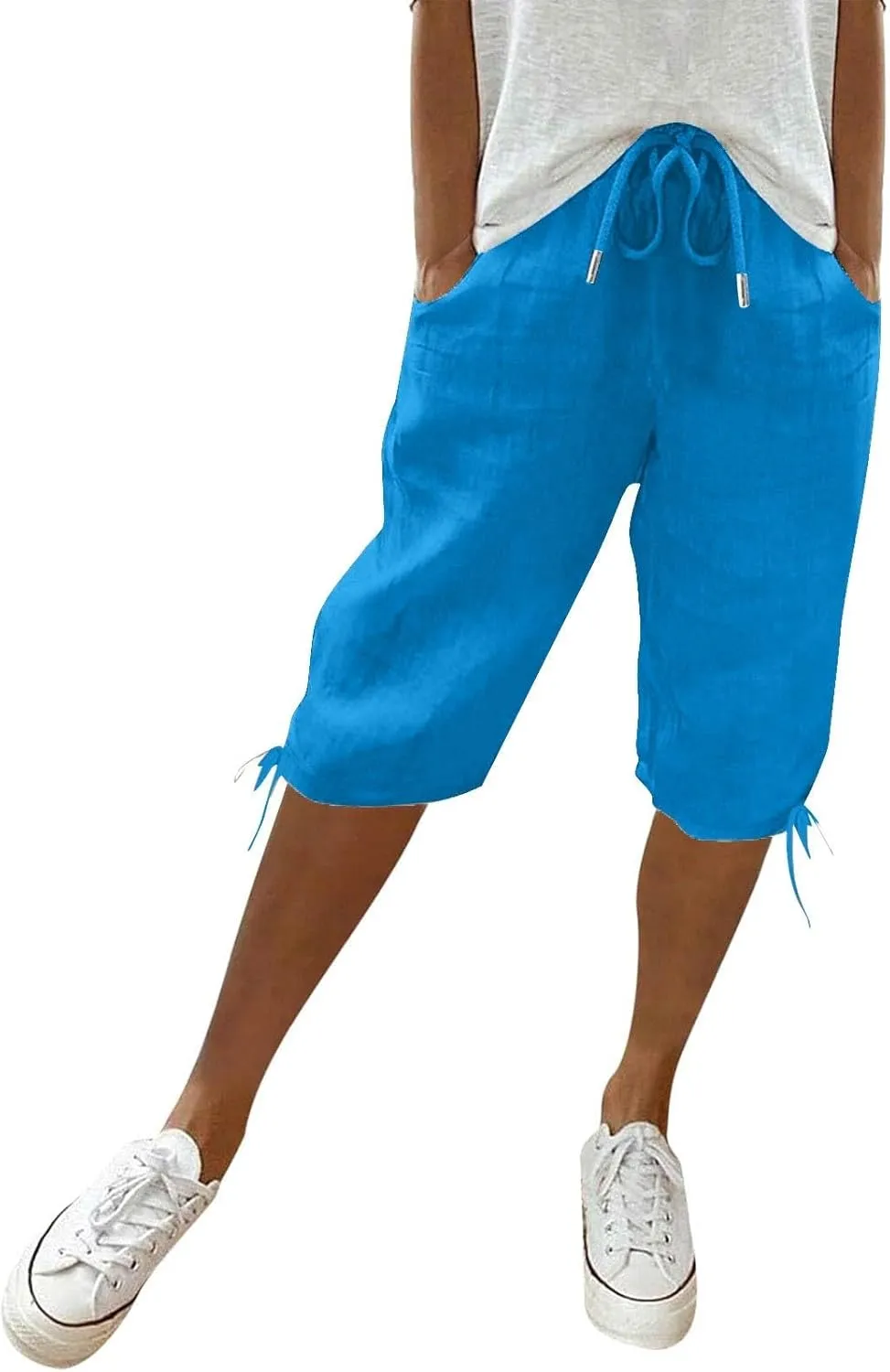 Linen Trousers for Women Solid Color Casual Side Lace Summer Drawstring Pants with Pocket for Beach Vacations