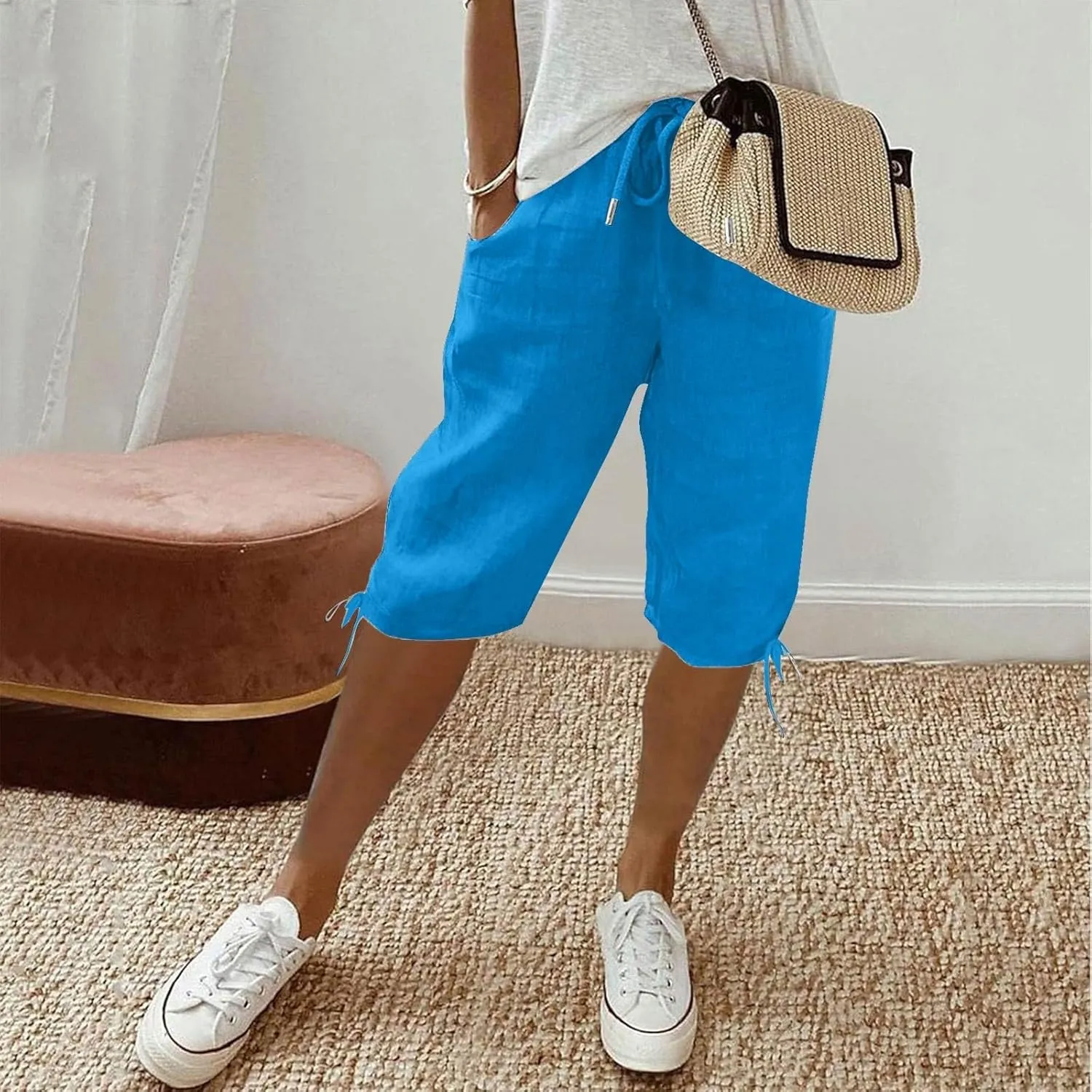 Linen Trousers for Women Solid Color Casual Side Lace Summer Drawstring Pants with Pocket for Beach Vacations