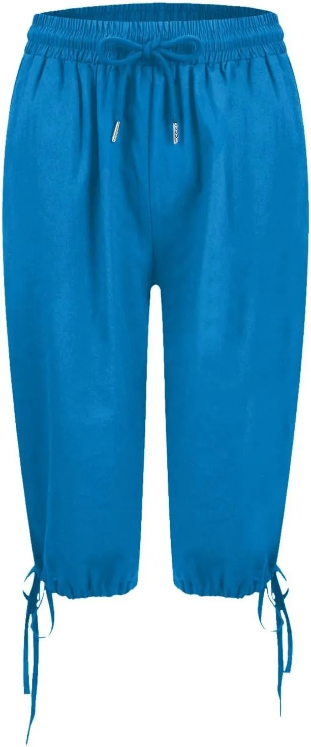 Linen Trousers for Women Solid Color Casual Side Lace Summer Drawstring Pants with Pocket for Beach Vacations