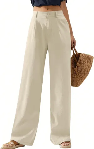 Linen Wide Leg Pants for Women Business Casual High Waisted Dress Pants Button Down Slacks Casual Summer Work Trousers