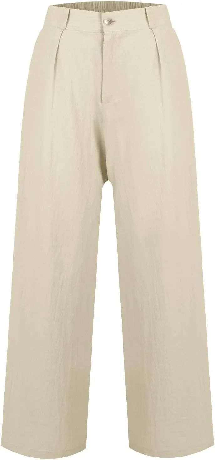 Linen Wide Leg Pants for Women Business Casual High Waisted Dress Pants Button Down Slacks Casual Summer Work Trousers
