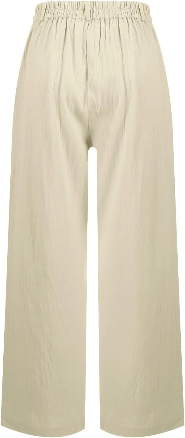 Linen Wide Leg Pants for Women Business Casual High Waisted Dress Pants Button Down Slacks Casual Summer Work Trousers
