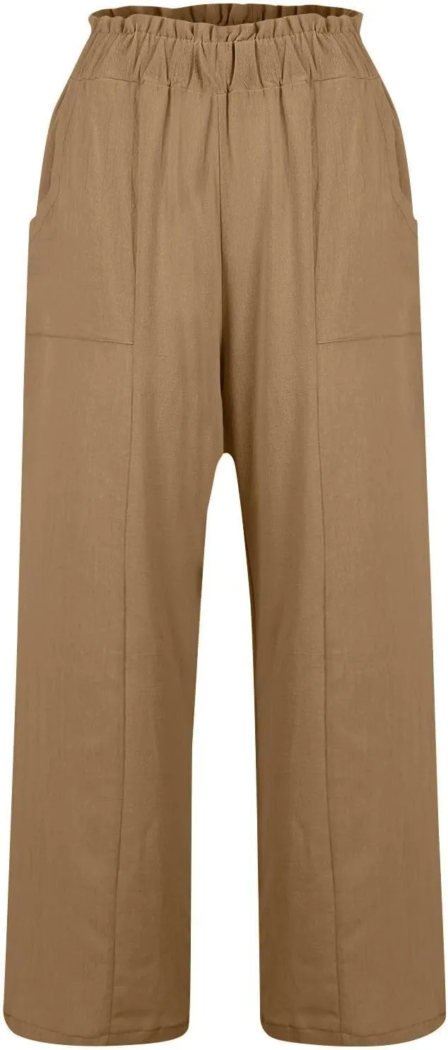 Linen Wide Leg Pants for Women Dressy High Waisted Palazzo Pants Casual Summer Comfy Work Pants Slacks with Pockets
