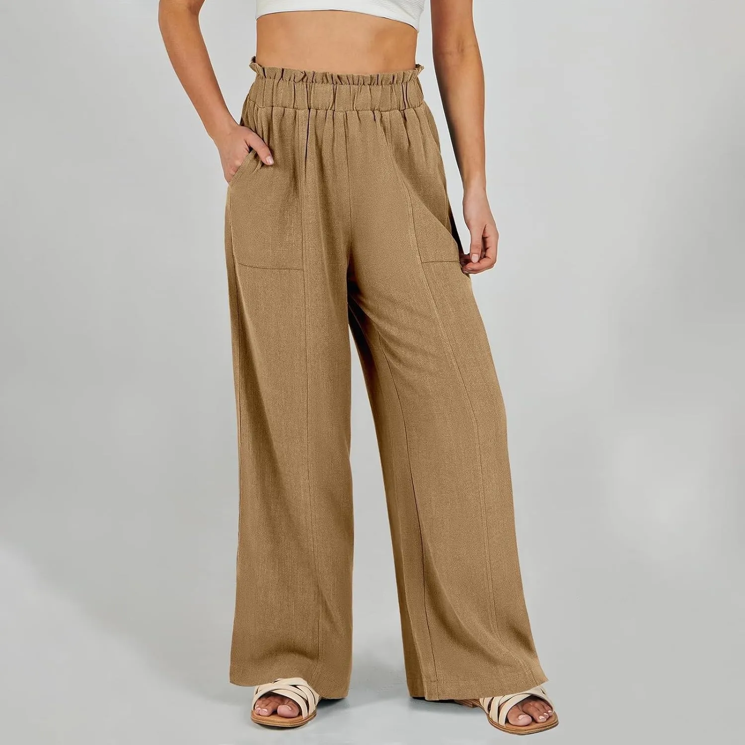 Linen Wide Leg Pants for Women Dressy High Waisted Palazzo Pants Casual Summer Comfy Work Pants Slacks with Pockets