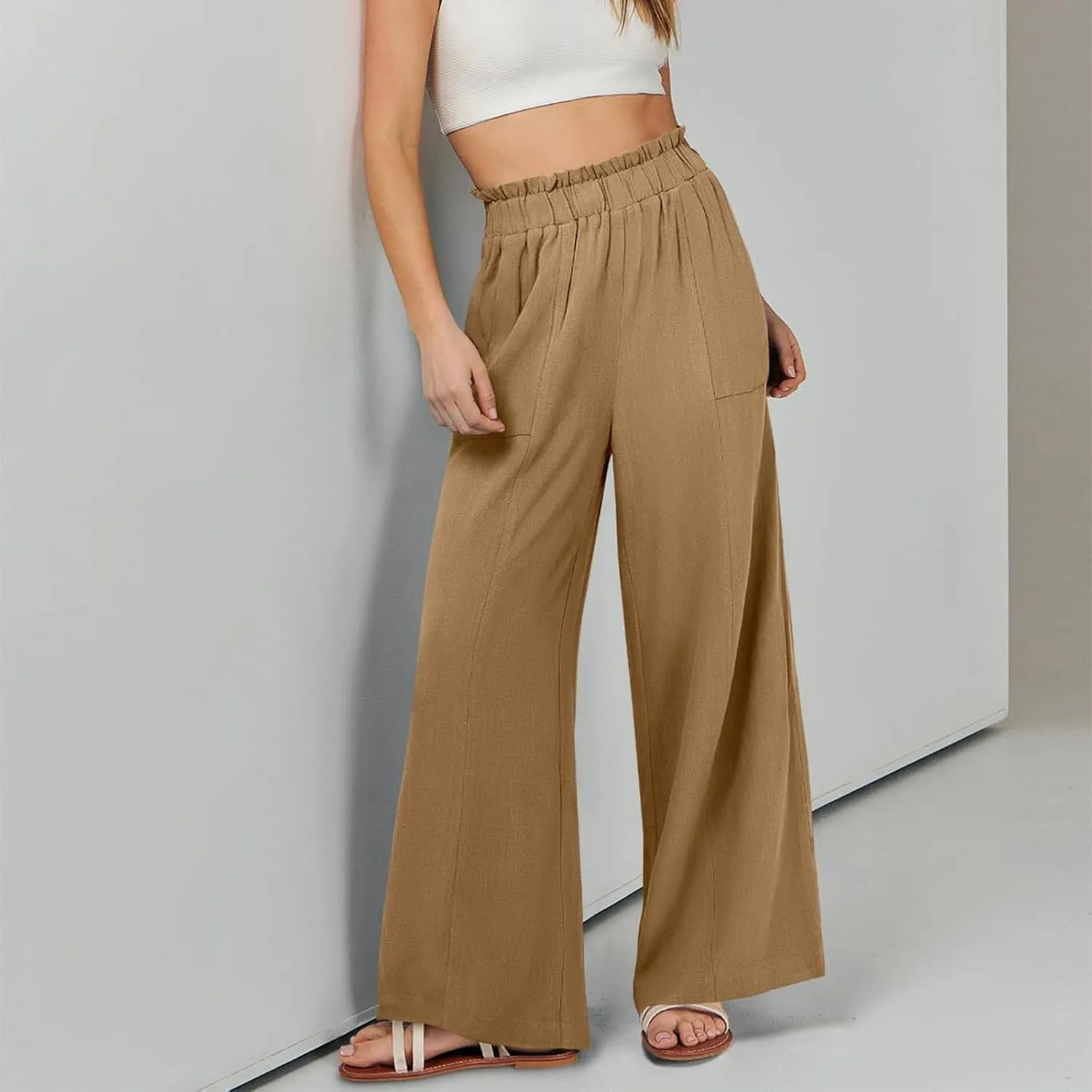 Linen Wide Leg Pants for Women Dressy High Waisted Palazzo Pants Casual Summer Comfy Work Pants Slacks with Pockets