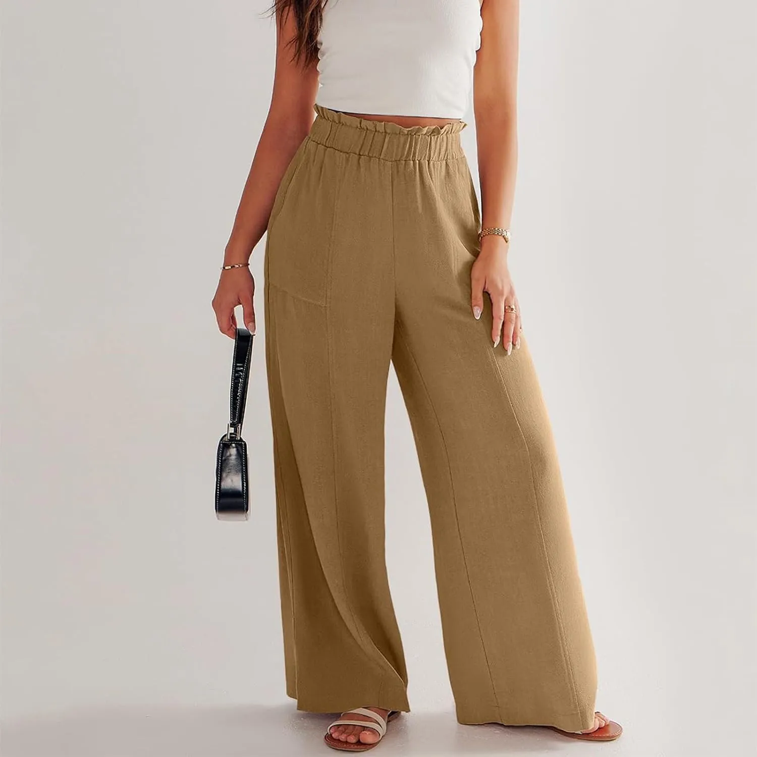 Linen Wide Leg Pants for Women Dressy High Waisted Palazzo Pants Casual Summer Comfy Work Pants Slacks with Pockets