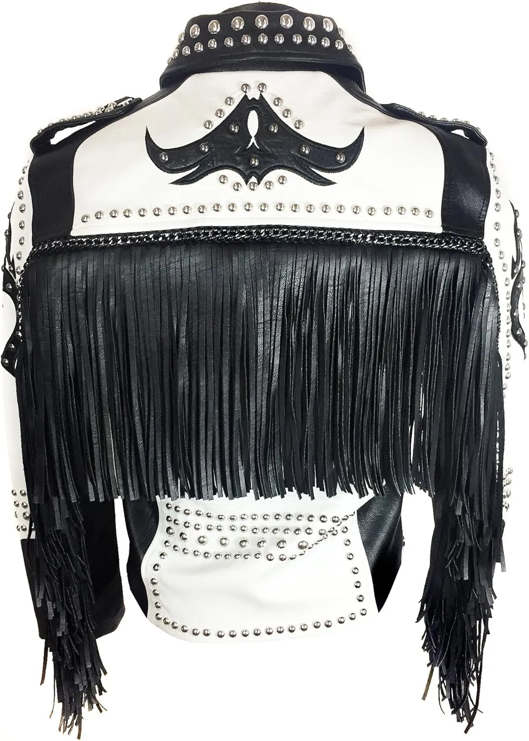 LP-FACON Mens Rock Rivet Studded Motorcycle Fringe Biker Leather Jacket
