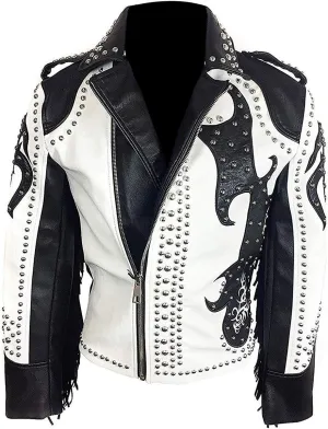 LP-FACON Mens Rock Rivet Studded Motorcycle Fringe Biker Leather Jacket