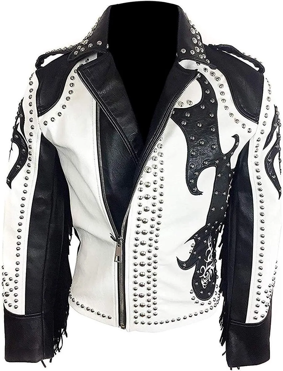 LP-FACON Mens Rock Rivet Studded Motorcycle Fringe Biker Leather Jacket