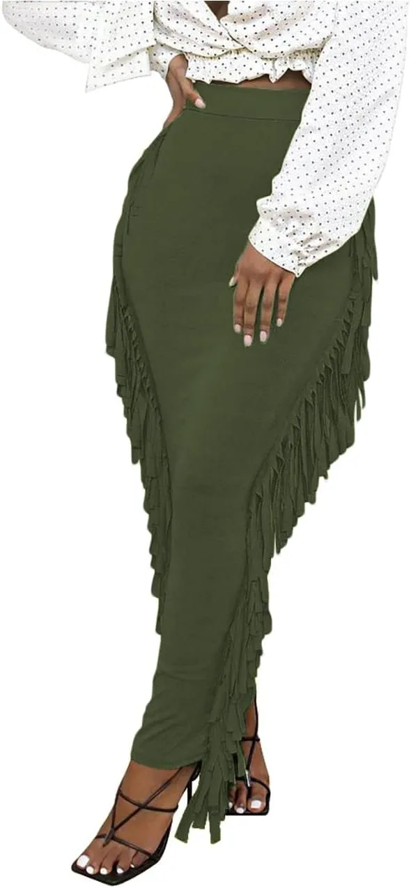 Lrady Women's Elastic Waist Slim Bodycon Side Tassels Long Maxi Pencil Skirts