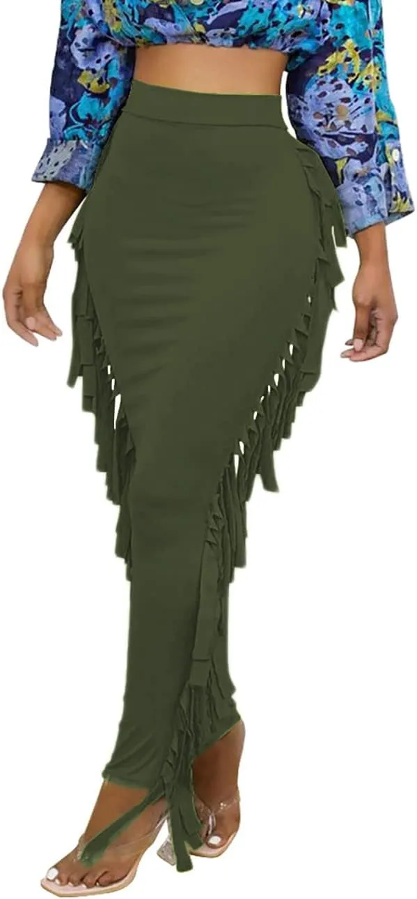 Lrady Women's Elastic Waist Slim Bodycon Side Tassels Long Maxi Pencil Skirts