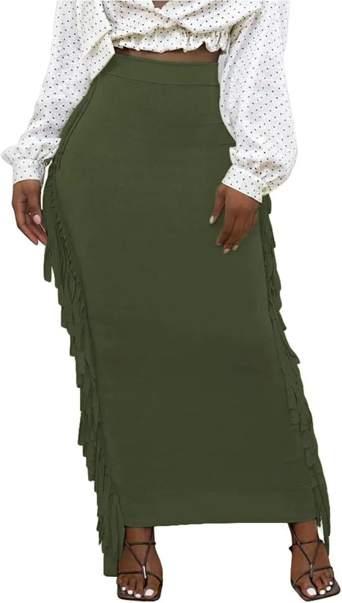 Lrady Women's Elastic Waist Slim Bodycon Side Tassels Long Maxi Pencil Skirts