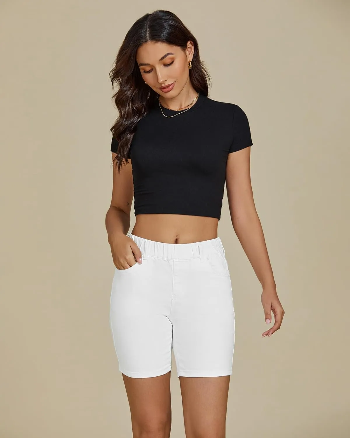 luvamia Jean Shorts for Women Trendy Pull On Mid Rise Elastic Waist Summer Casual Stretchy Long Denim Walking Shorts