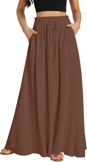 LYANER Women's Shirred Smocked Frill Drawstring Pleated High Waist Solid Maxi Skirt