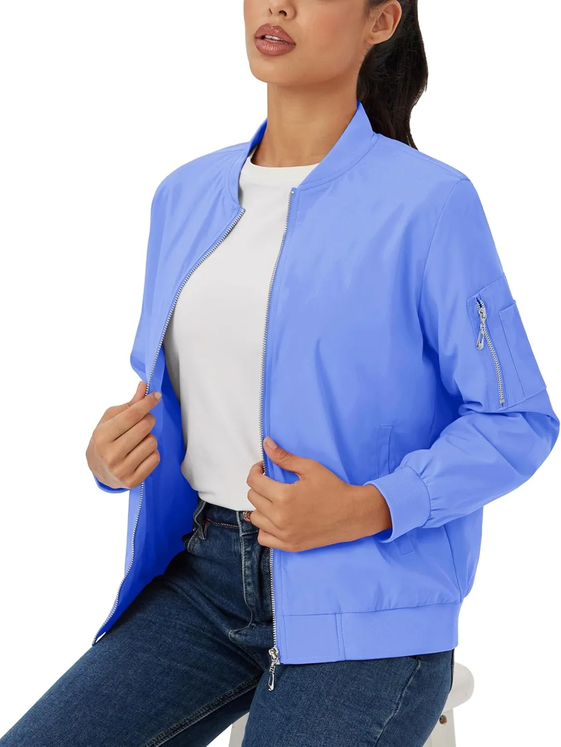 MAGCOMSEN Women's Jacket Lightweight Bomber Jackets 5 Pockets Windbreaker Zip-up Casual Moto Outwear