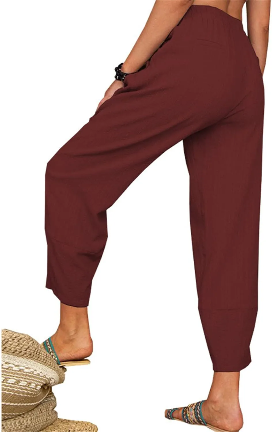 Maiyifu-GJ Women Cotton Linen Capri Yoga Pants Casual Drawstring Loose Beach Pant High Waist Wide Leg Trousers with Pockets